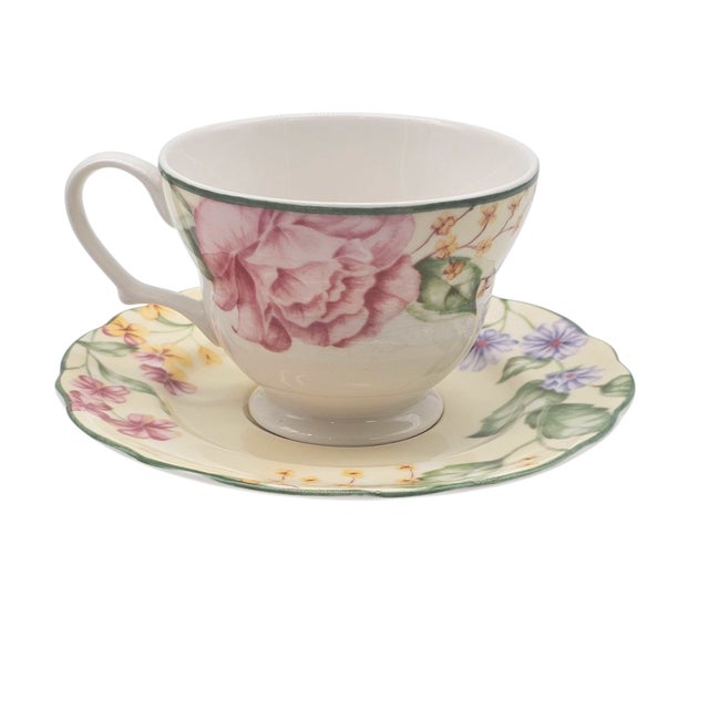 Ceramic Jessica McClintock Westbury Court "Christina" Cups & Saucers – Set of 5 Floral Porcelain For Sale - Image 7 of 12