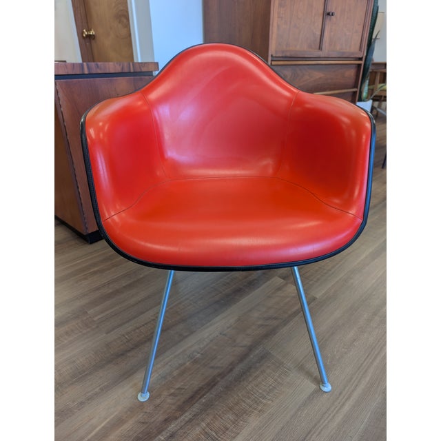 1970s Pair of Red Eames Herman Miller Padded Arm Shell Chairs For Sale - Image 10 of 16