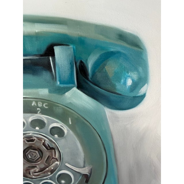Mid-Century Modern Turquoise Rotary Telephone Still Life Art Print Painting Phone Dial Telephone Oil Board Framed Signed For Sale - Image 11 of 18