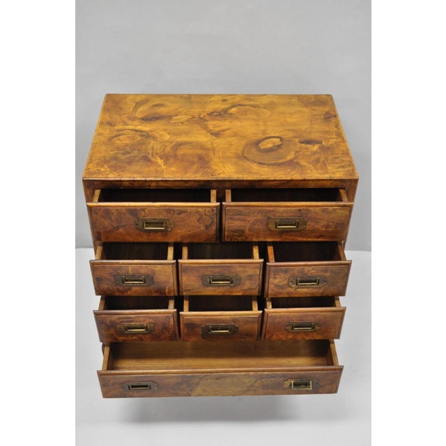 Wood Vintage Italian Olive Wood Veneer Campaign Chest of Drawers Cabinet Side Table For Sale - Image 7 of 18