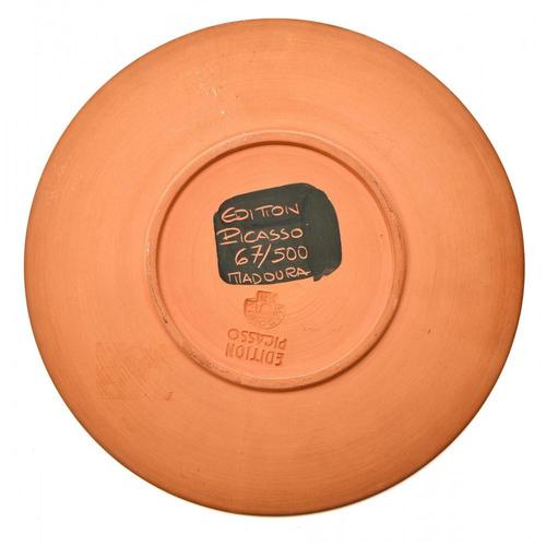 Pablo Picasso: “Scene de tauromachie”, 1957. Engraved Edition Picasso, 67/500, Madoura. Red clay plate decorated with...