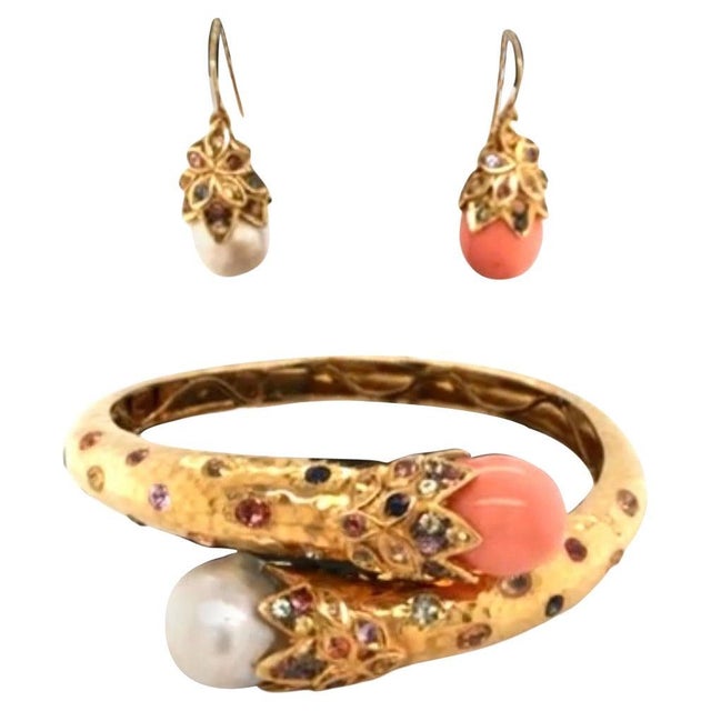 Bochic "Orient" Vintage Sapphire & Pearl Earrings & Bangle 18K & Silver For Sale - Image 15 of 18