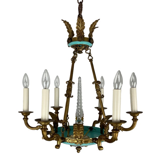 1950s Small Brass and Enamel Empire Chandelier For Sale