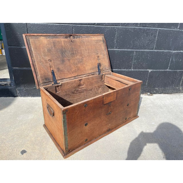 Early 19th Century Early 19th Century Primitive Petite Handcrafted Wood Chest With Iron Hardware, Nailhead Details & Aged Paint For Sale - Image 5 of 5