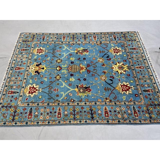 2000 - 2009 Sky Blue Persian Style Floral Area Rug With Botanical Border, 4'9" X 6'3" For Sale - Image 5 of 14