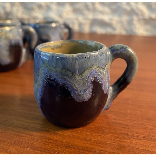 Blue Vintage 1930s Studio Art Pottery Pitcher With Stopper, Six Cups and Serving Tray Signed by Emile Mousseux for Marlotte- 9 Pieces For Sale - Image 8 of 12