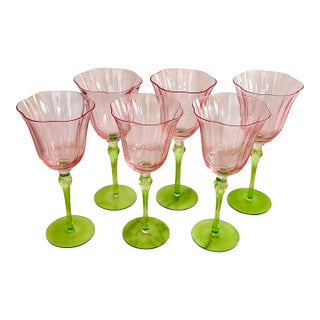 Late 20th Century Pink and Green Hand-Crafted Wine Glasses - Set of 6 For Sale
