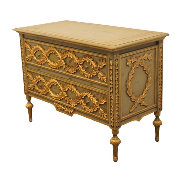 Furniture Classics Louis XVI French Provincial 48" Green and Gold Media Chest W. Gilt Ormolu Style Decoration For Sale - Image 4 of 12