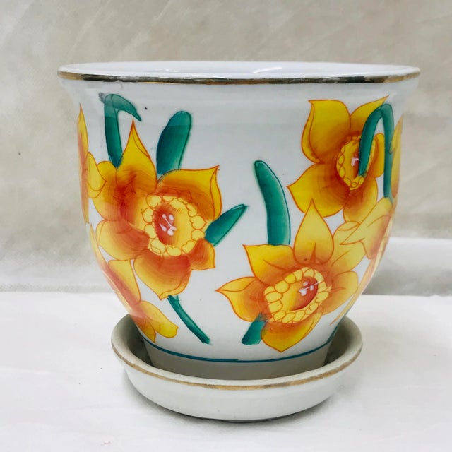 Daffodil design cache pot with attached tray. Perfect for small plants or orchids.