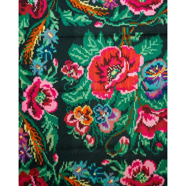 1970s Vintage Romanian-Moldovan Bessarabian-Style Handwoven Wool Rug with Dark Floral Folk Pattern, Blue Field, and Fringe, 1970s For Sale - Image 5 of 10