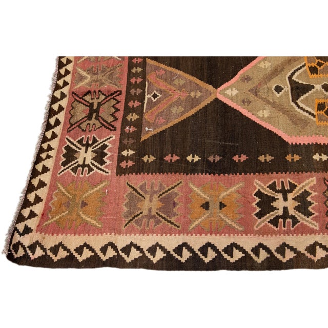 1960s Vintage Turkish Kilim Brown Handmade Tribal Wool Runner For Sale - Image 4 of 10