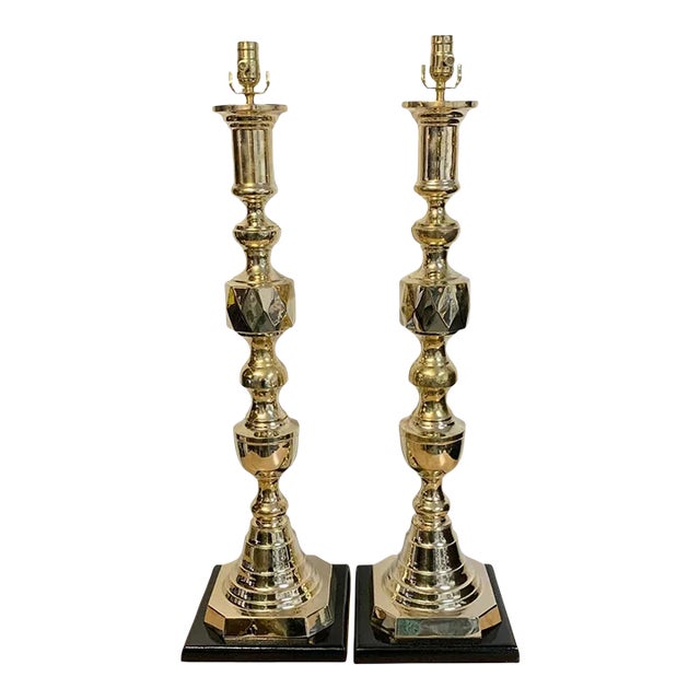 Mid 20th Century Monumental 'Ace of Diamonds' Brass Candlestick Lamps - a Pair For Sale