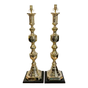 Mid 20th Century Monumental 'Ace of Diamonds' Brass Candlestick Lamps - a Pair