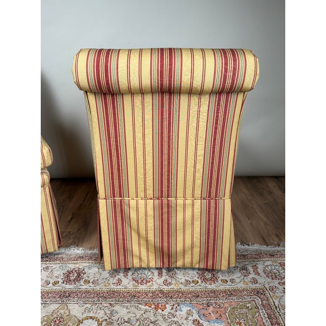 Pair of Upholstered Striped Slipper Chairs With Lumbar Pillows For Sale In Boston - Image 6 of 8
