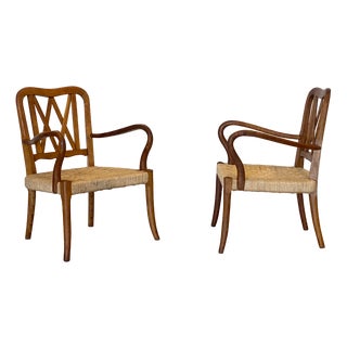 Set of Oak and Straw Armchairs, 1940s For Sale