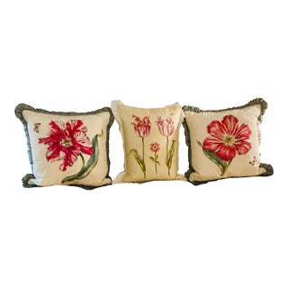 2000s Hand-Painted Tulips on a Trio of Ivory Satin Taffeta Decorative Pillows Artist Signed For Sale