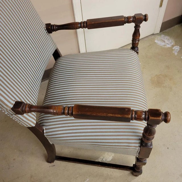 Vintage English Open Wooden Arm Chair in Stripped Tan and Light Blue Upholstery For Sale In Raleigh - Image 6 of 8