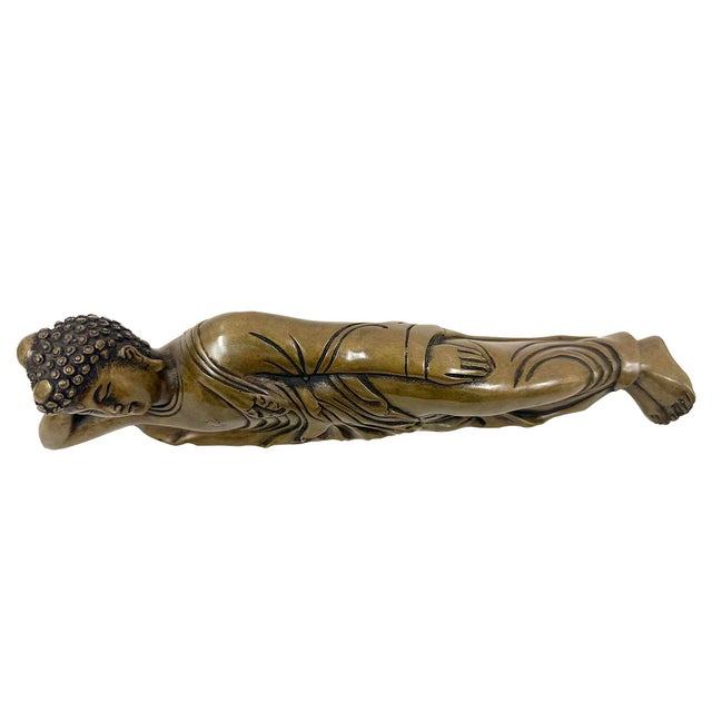 1940s 20th Century Antique Chinese Handcrafted Brass Reclining Buddha Statue For Sale - Image 5 of 9