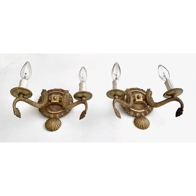1950s Set 6 Neoclassic Dolphin Shell Brass Wall Sconces For Sale - Image 5 of 13