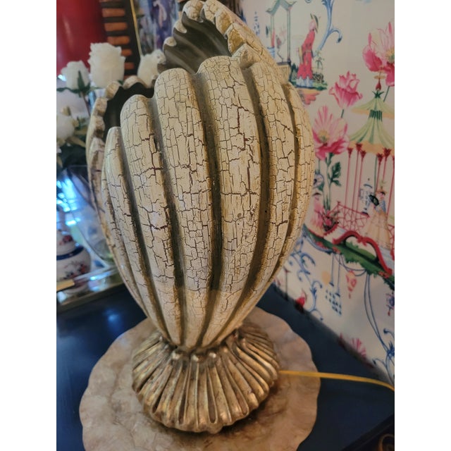 Massive Clam Shell Form Crackle Finish 1 Light Open Coastal Regency Table Lamp For Sale - Image 9 of 11