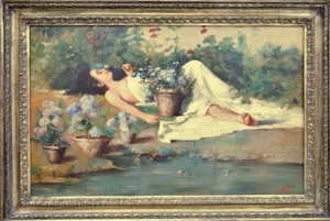 Angelo Granati, In the Garden, Neapolitan School, Oil on Canvas, Framed