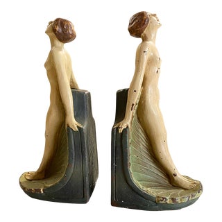 Pair of 1920s Art Nouveau Figural Hand Painted Plaster Bookends For Sale