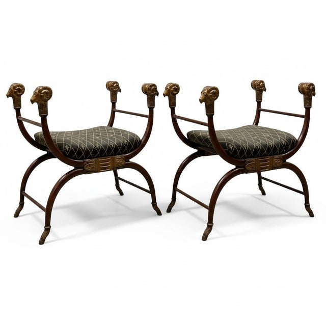 1980s 20th-C. Neo-Classical Style Ram Appointed Fruitwood & Gilt Benches / Ottomans -2 For Sale - Image 5 of 6