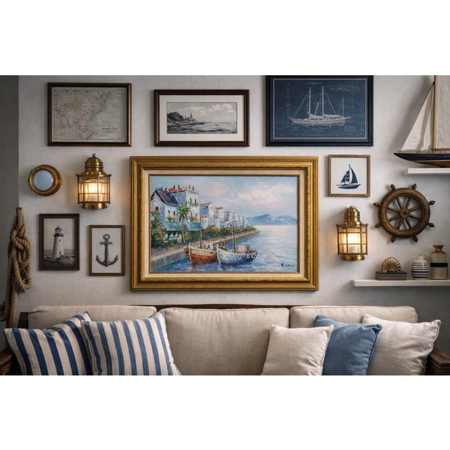 Vintage Mediterranean Harbor Painting With Fishing Boats in Ornate Gold Frame, Signed W. Amiol For Sale - Image 4 of 4