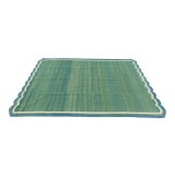 Handmade Cotton Vegetable Dyed Scalloped Rug, Forest Green With Cream and Teal Blue Border- 10'x14' For Sale