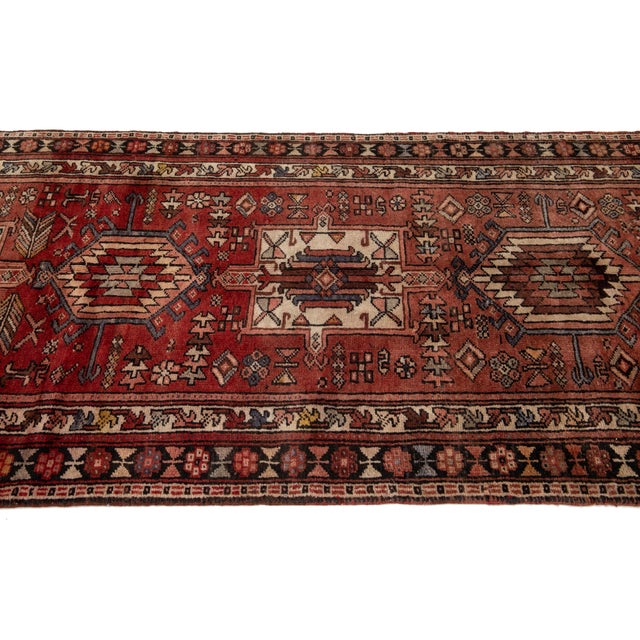 Handmade Red Heriz Persian Wool Runner With Allover Pattern For Sale - Image 4 of 8