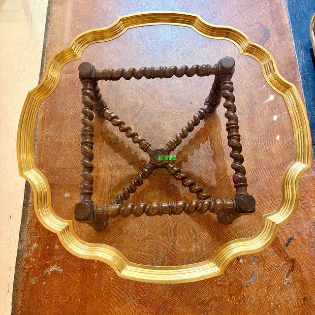 Traditional Baker Attributed Regency-Style Coffee Table Features a Distinctive Scalloped Brass Tray Top and a Barley Twist Oak Base For Sale - Image 3 of 12