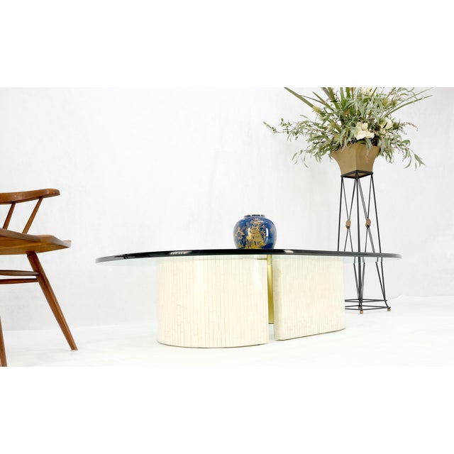 Transparent Racetrack Oval Shape Glass Top Tessellated Bone Tile Base Coffee Table For Sale - Image 8 of 12