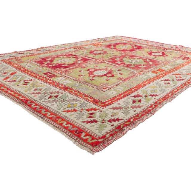 51780 Vintage Turkish Oushak Rug, 06'03 x 08'09. Showcasing a bold geometric design, incredible detail and texture, this...