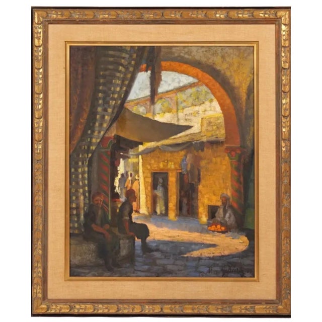 Jalal Gharbi, Large Orientalist Arab Oil Painting Merchants at the Bazaar Souq Jalal Gharbi, 1963 For Sale