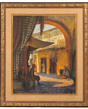 Jalal Gharbi, Large Orientalist Arab Oil Painting Merchants at the Bazaar Souq Jalal Gharbi, 1963