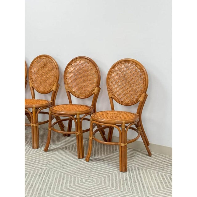 Late 20th Century Cane Rattan Round Dining Chair Set Four Cushion Coastal Hollywood Regency For Sale - Image 9 of 10