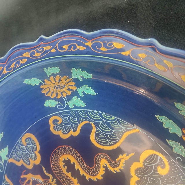 Early 20th Century Early 20th Century Chinese Ceramic Plate,Zhizheng Marked Blue Ground Golde Drawing Porcelain Plate Hand Painted Dragon Pattern For Sale - Image 5 of 10