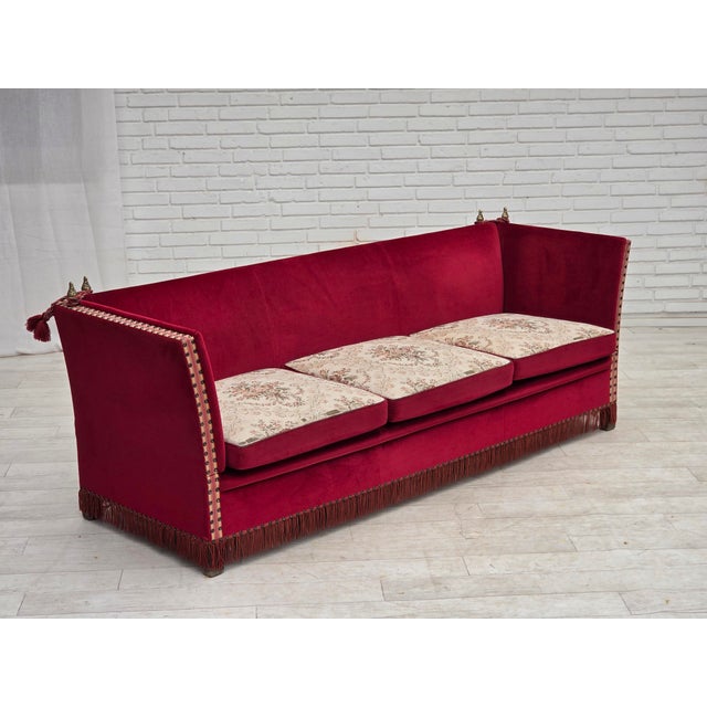 Danish Three-Seater Drop Arm Spanish Sofa in Red Furniture Velour, 1970s For Sale - Image 6 of 18