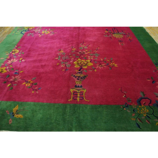 Textile 1920s Pink Cerise Floral Vase Antique Chinese Art Deco Carpet 9' X 11' 6'' Knotted Wool Rug For Sale - Image 7 of 12