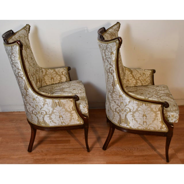 1930 Pair French Carved Mahogany High-Back Living Room Chairs / Spring-Seat For Sale - Image 15 of 18