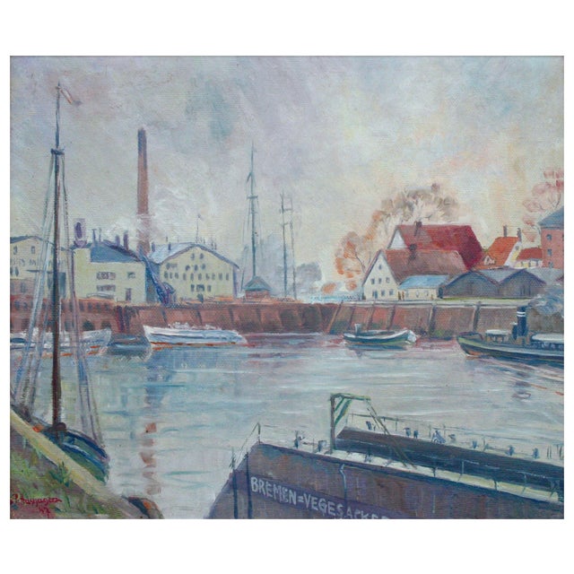 Boats in the Harbor - Mid Century Industrial Seascape, Original Oil Painting Beautiful post war oil painting of boats...