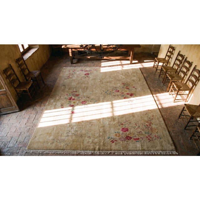 Textile 1920s Tan Khaki Floral Antique Chinese Art Deco Rug 10'0" X 13'4" Knotted Wool Carpet For Sale - Image 7 of 8