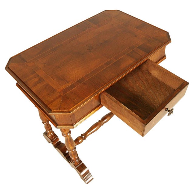 Italian Walnut Writing Table with Inlay and Drawer from Bassanos Ebanistery, Asolo, 1850, in Very Good conditions....
