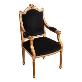 Louis XVI Style Giltwood Armchair With Black Upholstery For Sale