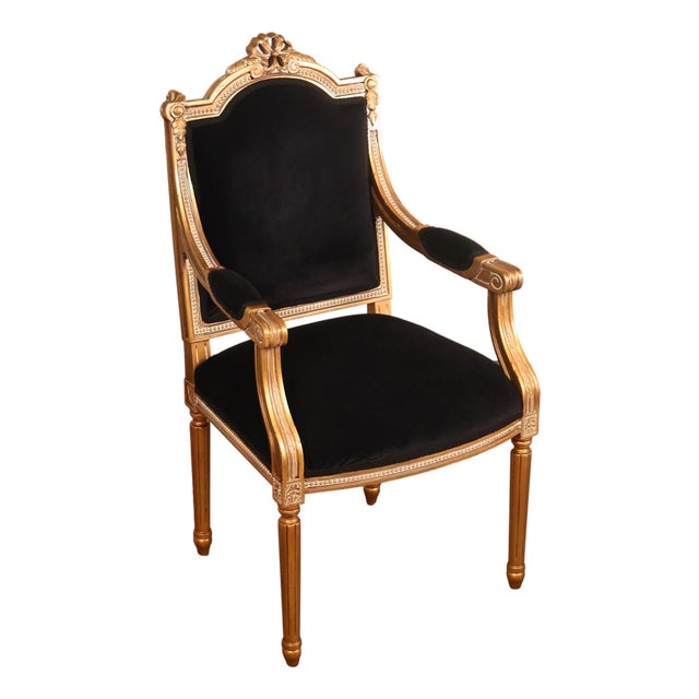 Louis XVI Style Giltwood Armchair With Black Upholstery For Sale