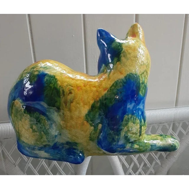 Mid Century Italian Majolica Blue, Green, Yellow Ceramic Cat For Sale In Raleigh - Image 6 of 11