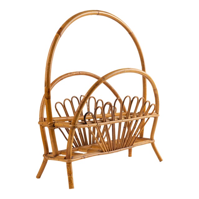 Vintage 1960s Rattan Magazine Rack With Fan Arch Design, Franco Albini Style For Sale