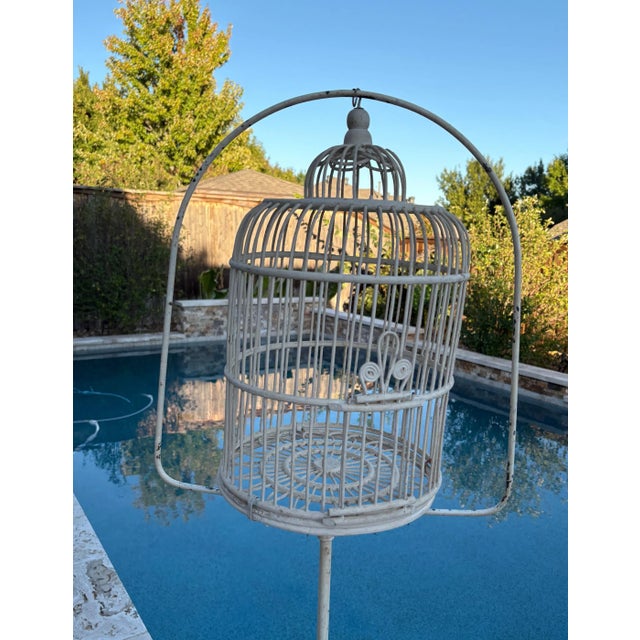 White Antique White Wicker Birdcage on Metal Stand Sunroom Garden Decor For Sale - Image 8 of 12