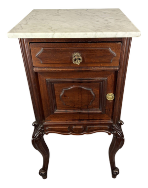 Antique French Carved Walnut Bedside Table with Marble Top