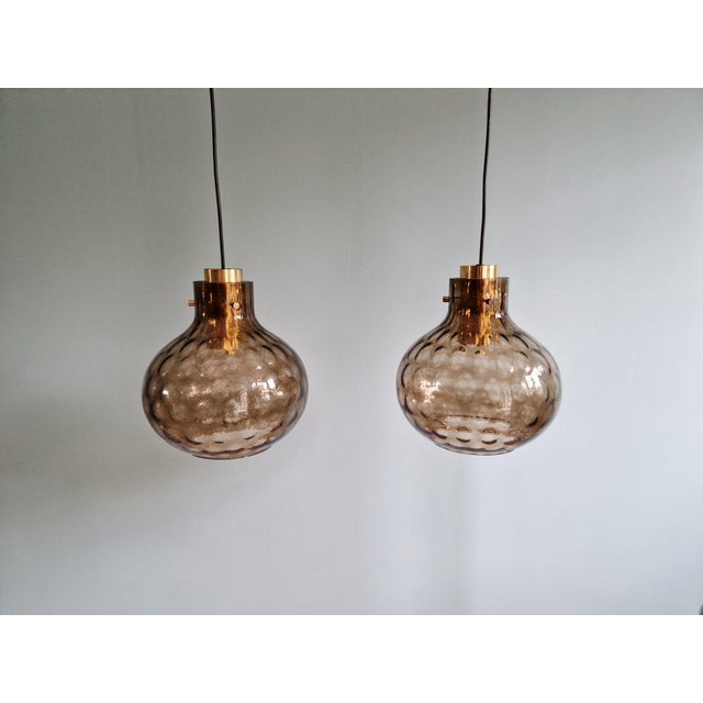 Brass and Smoked Blown Glass Pendant Lights from Glashütte Limburg, 1970, Set of 2 For Sale - Image 14 of 18